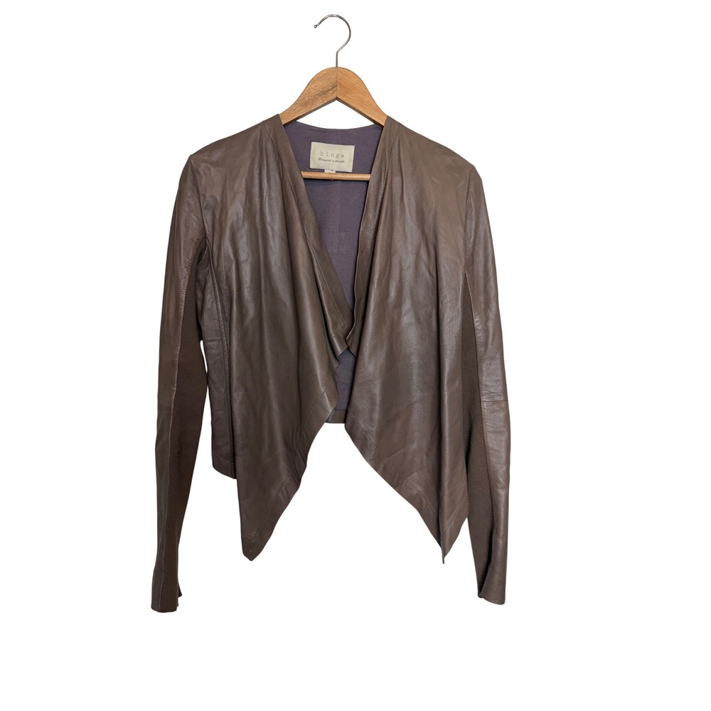 Hinge Womens XS Taupe Brown Leather Drape Front Jacket Knit Sleeve Panels